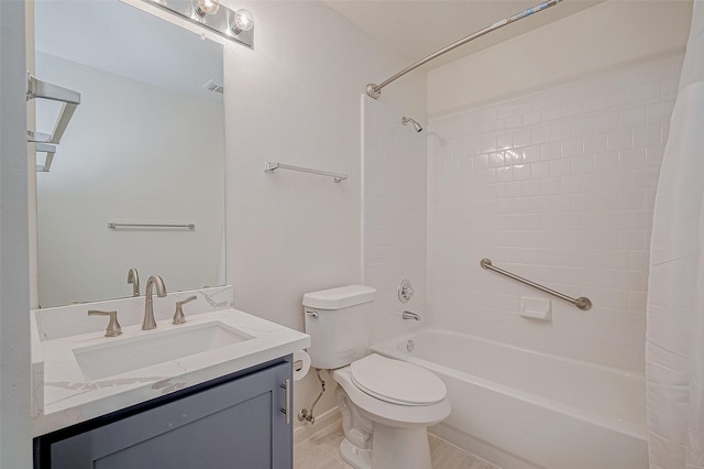 bathroom with toilet, shower / bath combo with shower curtain, and vanity