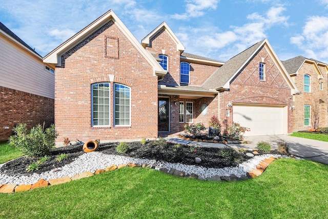 view of front of home featuring a front yard and a garage