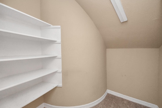 interior space featuring lofted ceiling and carpet floors