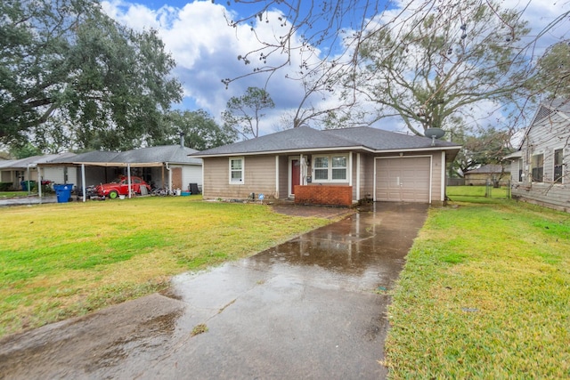 ranch-style home featuring a garage, a carport, and a front lawn