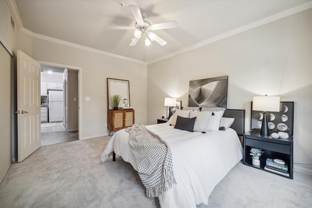 bedroom with white refrigerator, light colored carpet, ceiling fan, and ornamental molding