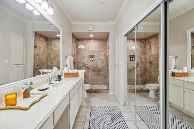 bathroom featuring vanity, toilet, walk in shower, and crown molding