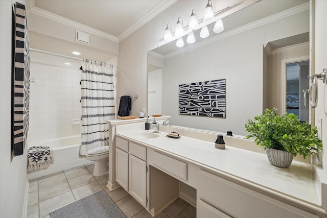 full bathroom with vanity, crown molding, tile patterned flooring, toilet, and shower / tub combo with curtain