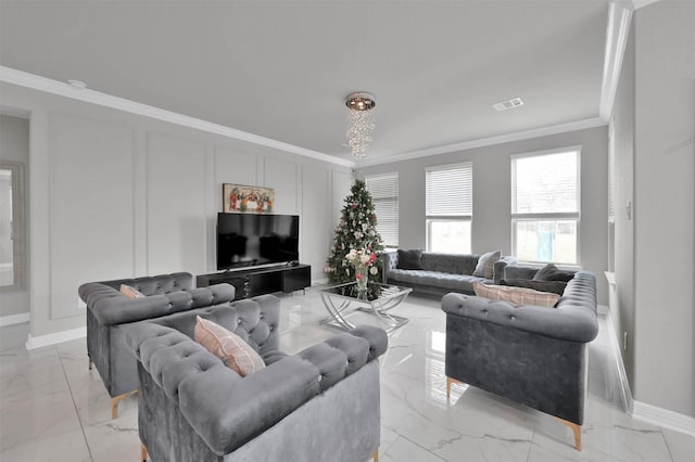 living room with ornamental molding