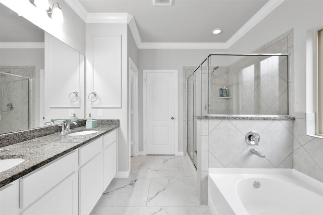 bathroom featuring shower with separate bathtub, vanity, and crown molding