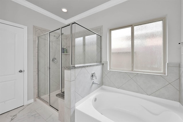 bathroom featuring shower with separate bathtub and ornamental molding