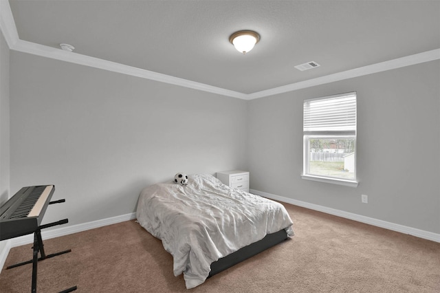 bedroom featuring ornamental molding and light colored carpet