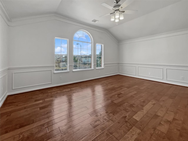 additional living space with lofted ceiling, ceiling fan, and dark hardwood / wood-style floors