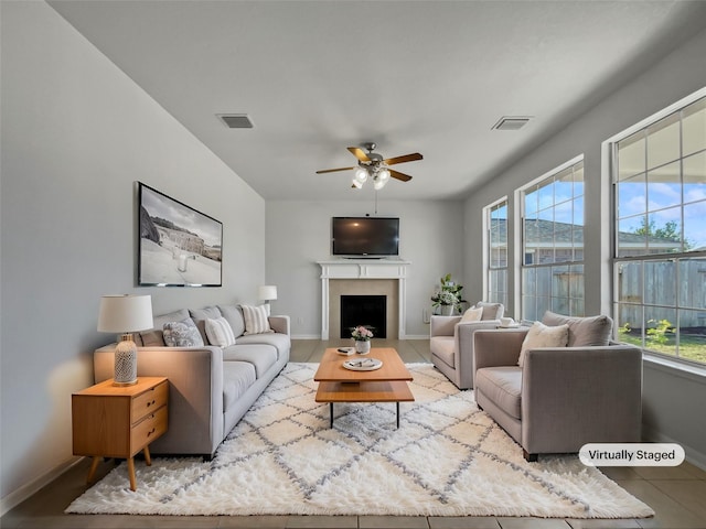 living room with ceiling fan