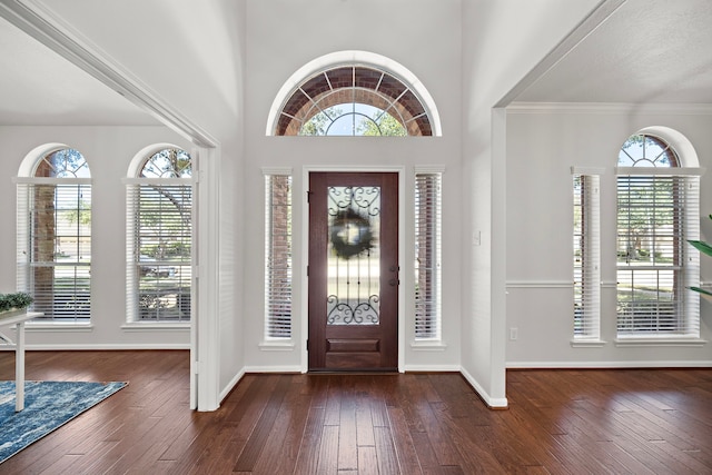 foyer entrance featuring a towering ceiling, dark hardwood / wood-style flooring, and ornamental molding