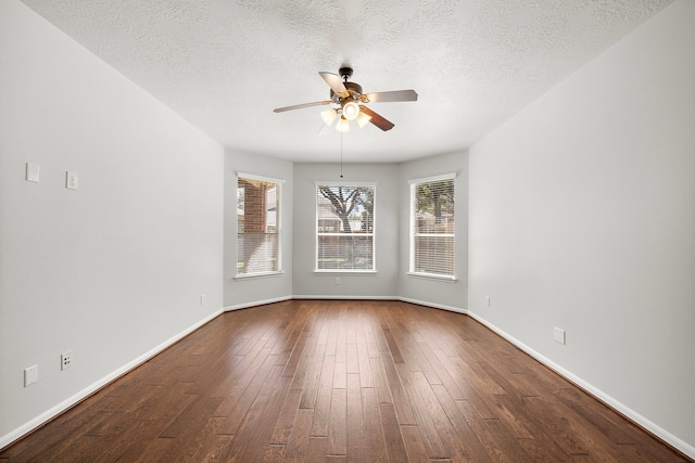 unfurnished room with wood-type flooring, a textured ceiling, and ceiling fan