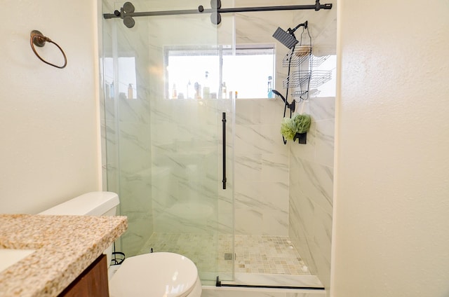 bathroom featuring vanity, toilet, and a shower with door