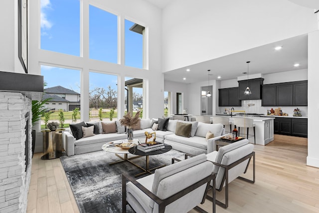 living room featuring light hardwood / wood-style floors and a high ceiling