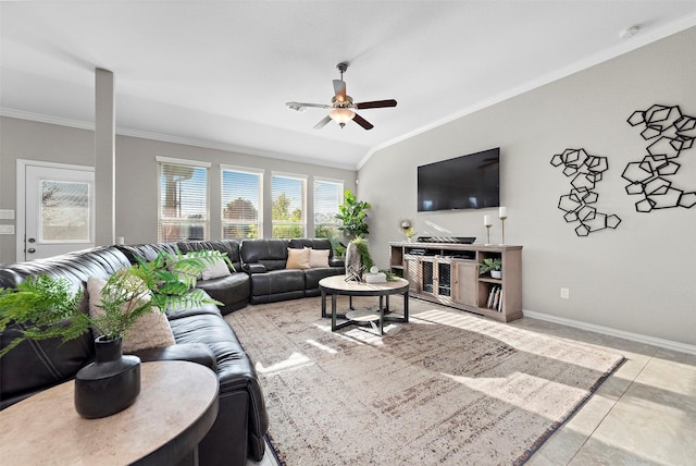 living room with light tile patterned floors, ceiling fan, and ornamental molding