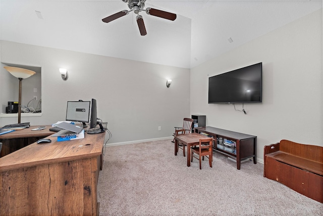 office with ceiling fan, light colored carpet, and lofted ceiling