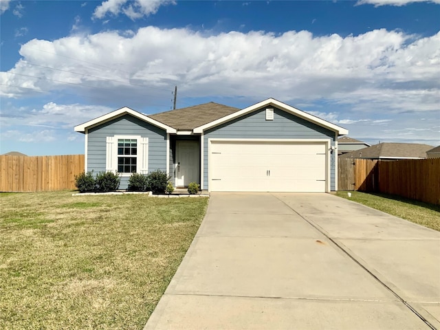 single story home with a garage and a front yard