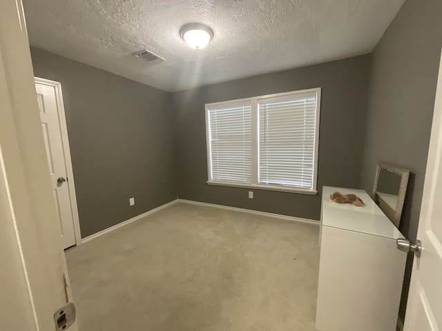 interior space with light carpet and a textured ceiling