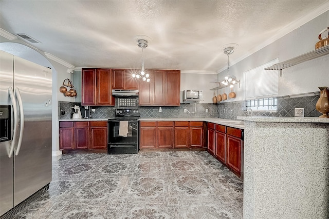 kitchen with black range with electric stovetop, an inviting chandelier, stainless steel fridge with ice dispenser, backsplash, and decorative light fixtures