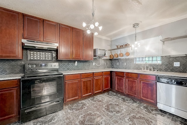 kitchen featuring pendant lighting, black electric range oven, sink, stainless steel dishwasher, and a chandelier