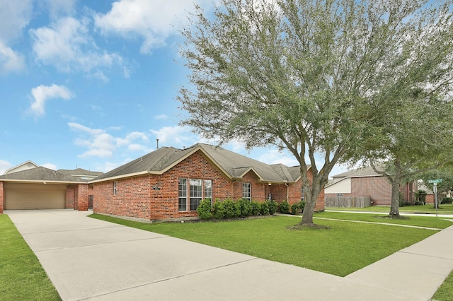 ranch-style house featuring a garage and a front lawn