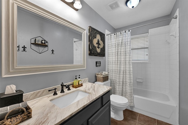 full bathroom with vanity, tile patterned flooring, toilet, and shower / bathtub combination with curtain