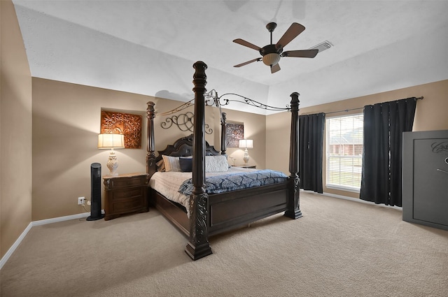 bedroom featuring ceiling fan and light colored carpet