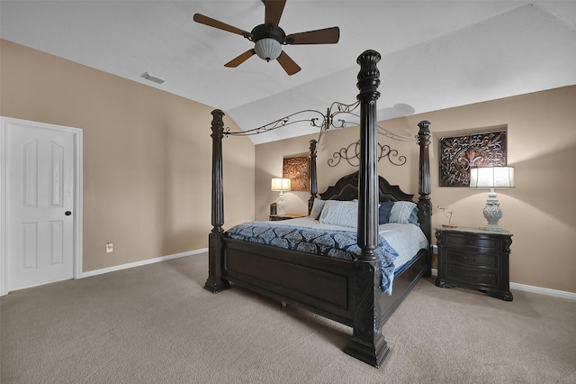 carpeted bedroom featuring ceiling fan and lofted ceiling