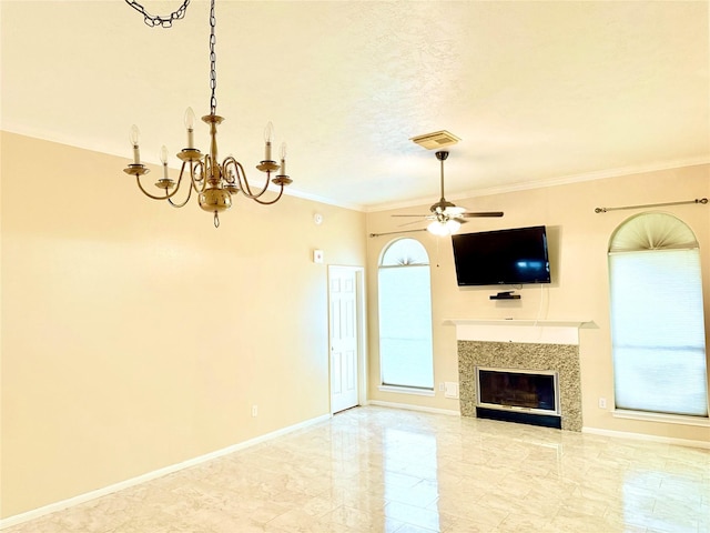 unfurnished living room featuring a textured ceiling, crown molding, and ceiling fan with notable chandelier