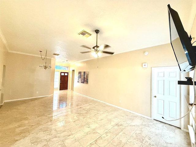 unfurnished room with ceiling fan with notable chandelier and ornamental molding