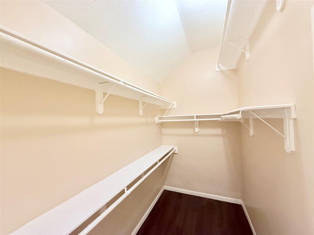 walk in closet featuring wood-type flooring and vaulted ceiling