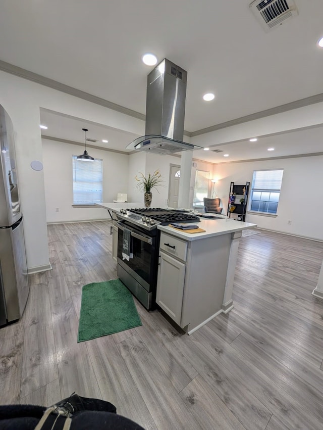 kitchen featuring pendant lighting, a center island, crown molding, appliances with stainless steel finishes, and island exhaust hood