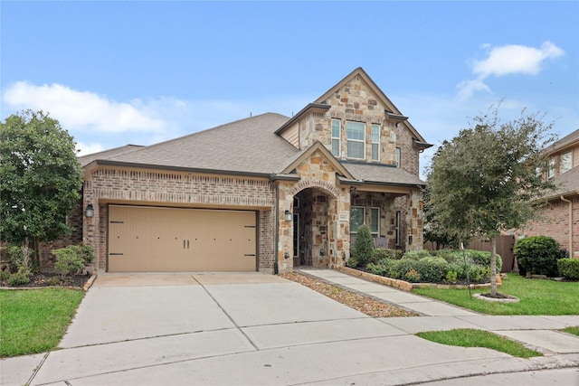 craftsman-style home featuring a garage and a front lawn