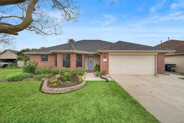 ranch-style home featuring a front lawn and a garage