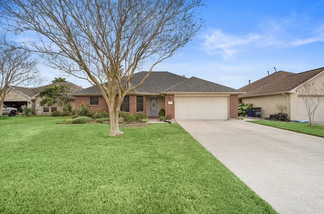 single story home featuring a front lawn and a garage