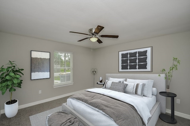 bedroom with ceiling fan and carpet