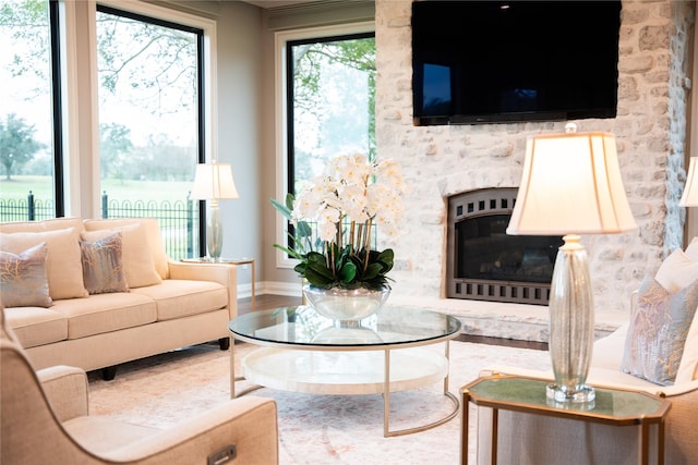 living room with a fireplace and hardwood / wood-style flooring