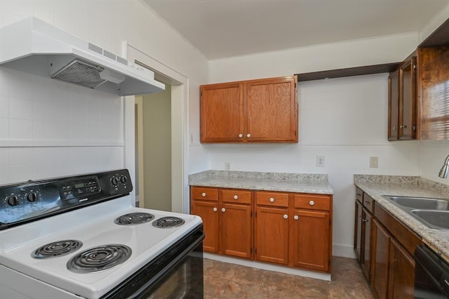 kitchen with black dishwasher, sink, light stone countertops, and range with electric cooktop