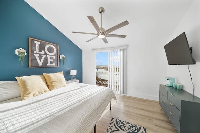 bedroom featuring ceiling fan, light wood-type flooring, access to outside, and vaulted ceiling