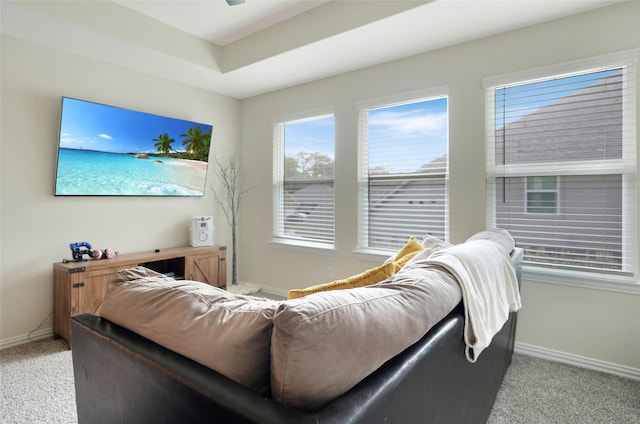 carpeted living room featuring a tray ceiling