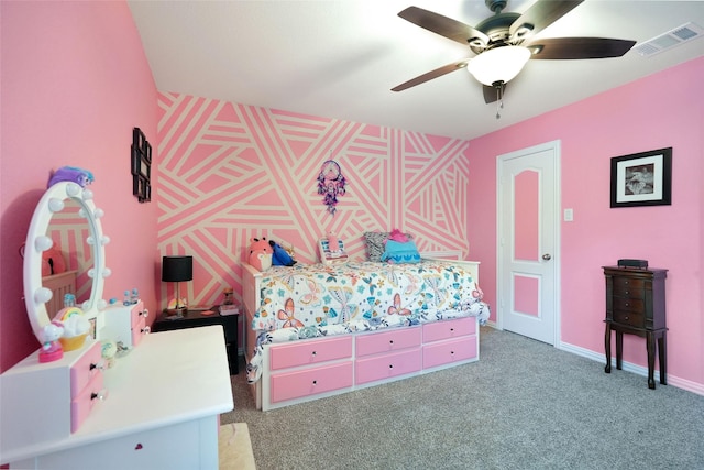 bedroom featuring ceiling fan and light colored carpet