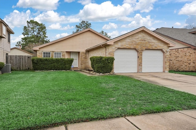 single story home with a garage, central air condition unit, and a front yard