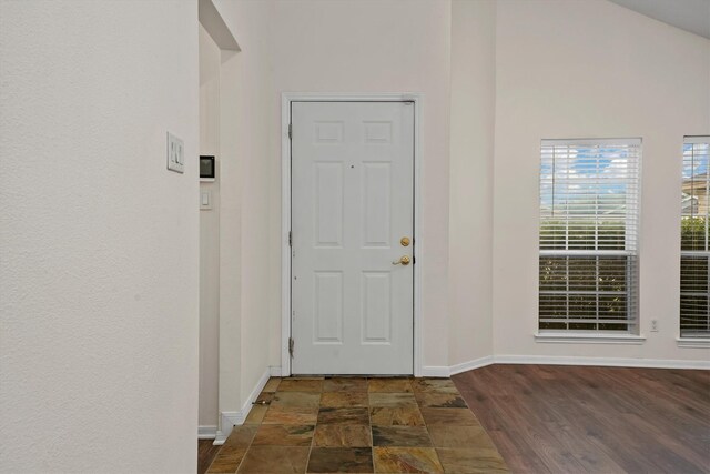 foyer with dark hardwood / wood-style flooring and a high ceiling