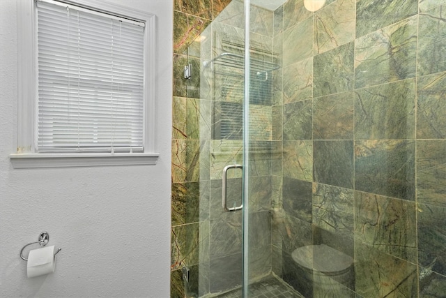 bathroom with a shower with shower door