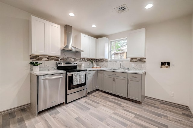 kitchen with backsplash, gray cabinetry, stainless steel appliances, sink, and wall chimney range hood