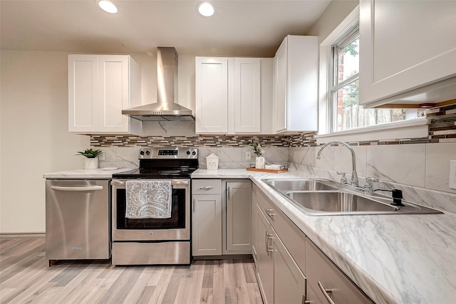 kitchen featuring white cabinets, wall chimney exhaust hood, sink, and appliances with stainless steel finishes