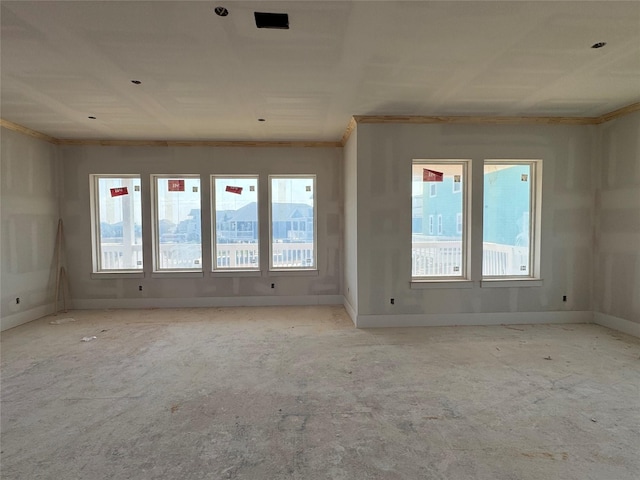 empty room with a mountain view and ornamental molding