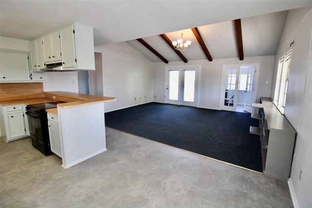 kitchen featuring white cabinets, vaulted ceiling with beams, black range with electric stovetop, and a notable chandelier