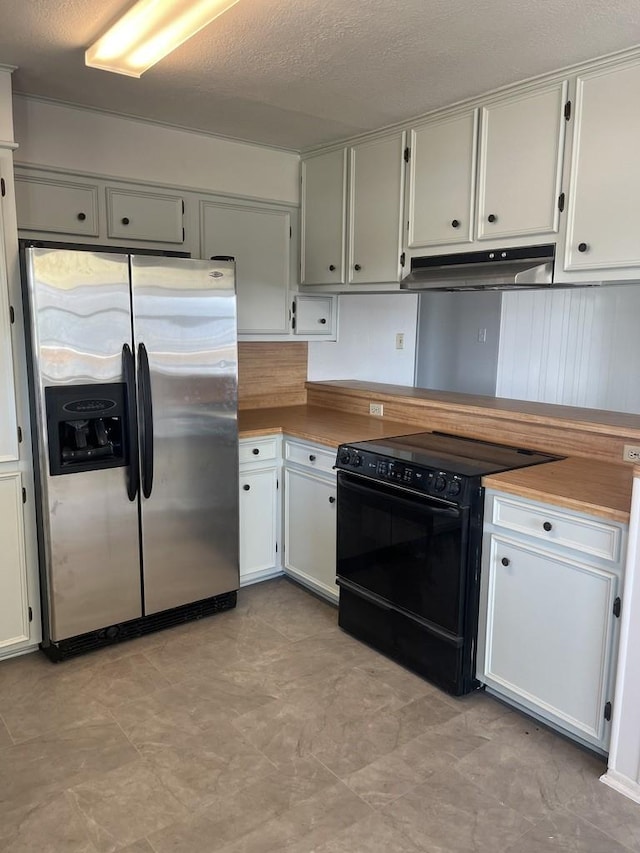 kitchen featuring stainless steel fridge with ice dispenser, white cabinets, a textured ceiling, and black range with electric cooktop