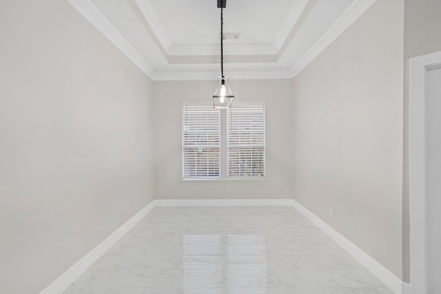 unfurnished dining area with ornamental molding and a raised ceiling