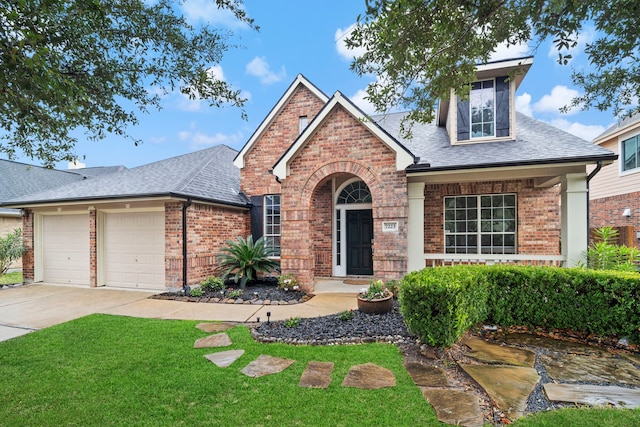 view of front of house with a front lawn and a garage